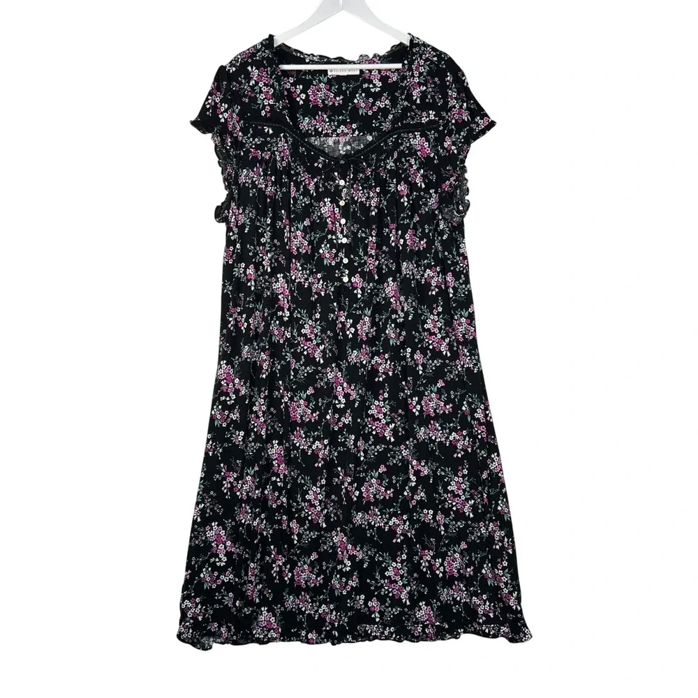 Eileen West Black Floral Nightgown Daydress 2X Short Sleeve Lace Trim Cotton